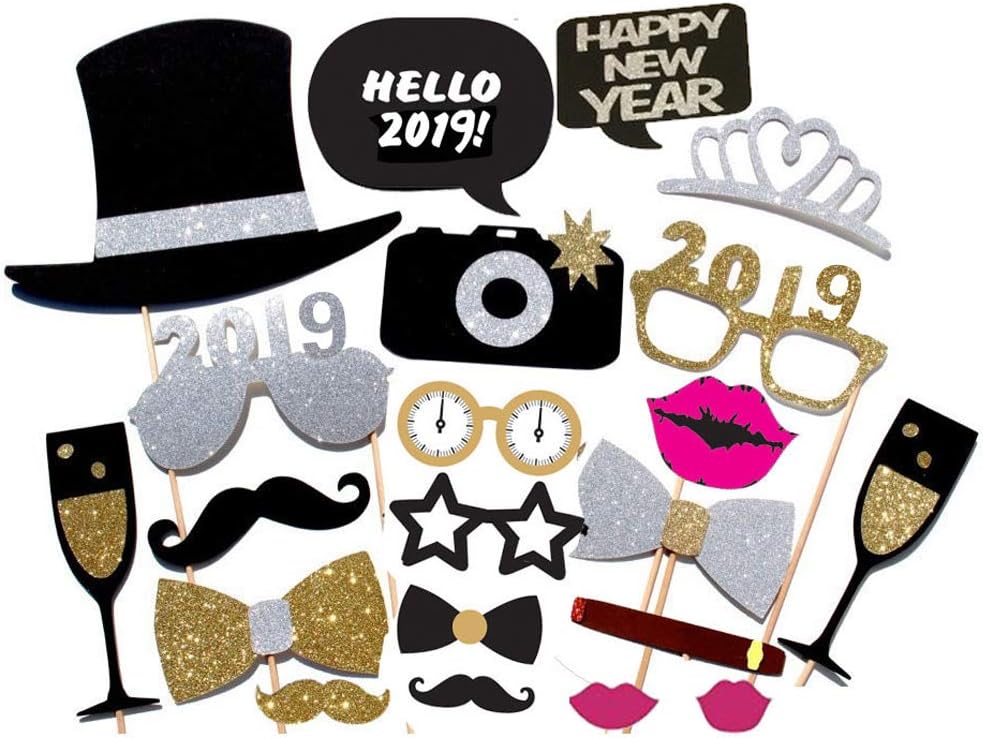 SAIYU Party Photo Booth Props 2019 New Year Party Accessories 21 Pcs DIY Funny Years Eve Decoration Favor Supplies for Adult Kids Women Man