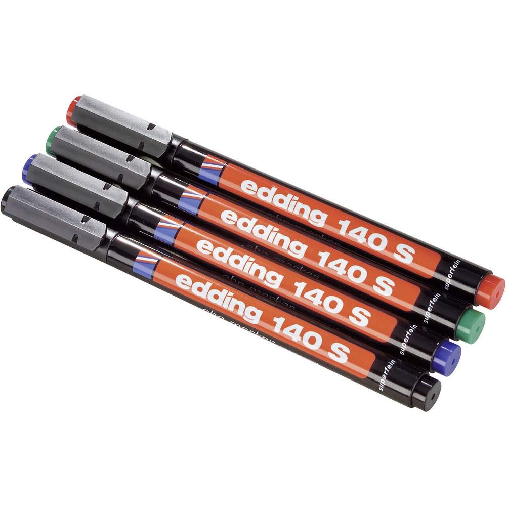 edding 140 S permanent pen - set of 4 - multi-coloured - round nib 0.3 mm - pen for writing on glass, plastic, foils and smooth surfaces - permanent, quick-drying, smudge-proof and waterproof
