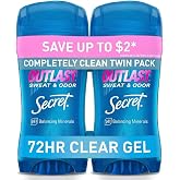 Secret Outlast Antiperspirant Deodorant for Women, 72hr Sweat &amp; Odor Protection, PH Balancing Minerals, Pro-Hyaluronic Acid, Clear Gel, Completely Clean Scent, 2.6 oz (Pack of 2)