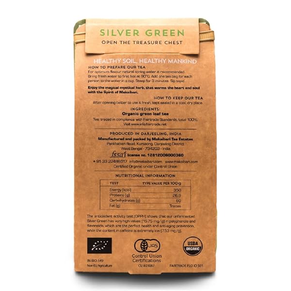 MAKAIBARI SILVER GREEN LOOSE LEAF GREEN TEA 100G (3.5OZ) PACK | PURE UNBLENDED USDA ORGANIC DARJEELING GREEN TEA, UNFERMENTED, DELIGHTFULLY RICH FLAVOR & AROMA | 50 CUPS