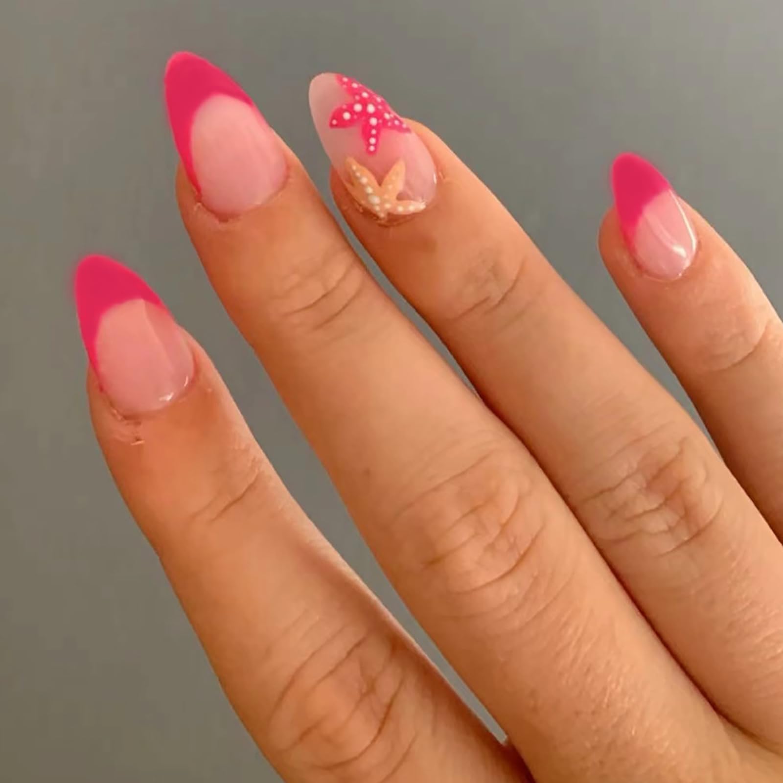 SWEKKE Press on Nails French Tip Fake Nails Starfish False Nails with Designs Pink Full Cover Cute Acrylic Nails Glossy Glue on Nails Summer Handmade Nails Artificial Nails for Women Girls 24Pcs