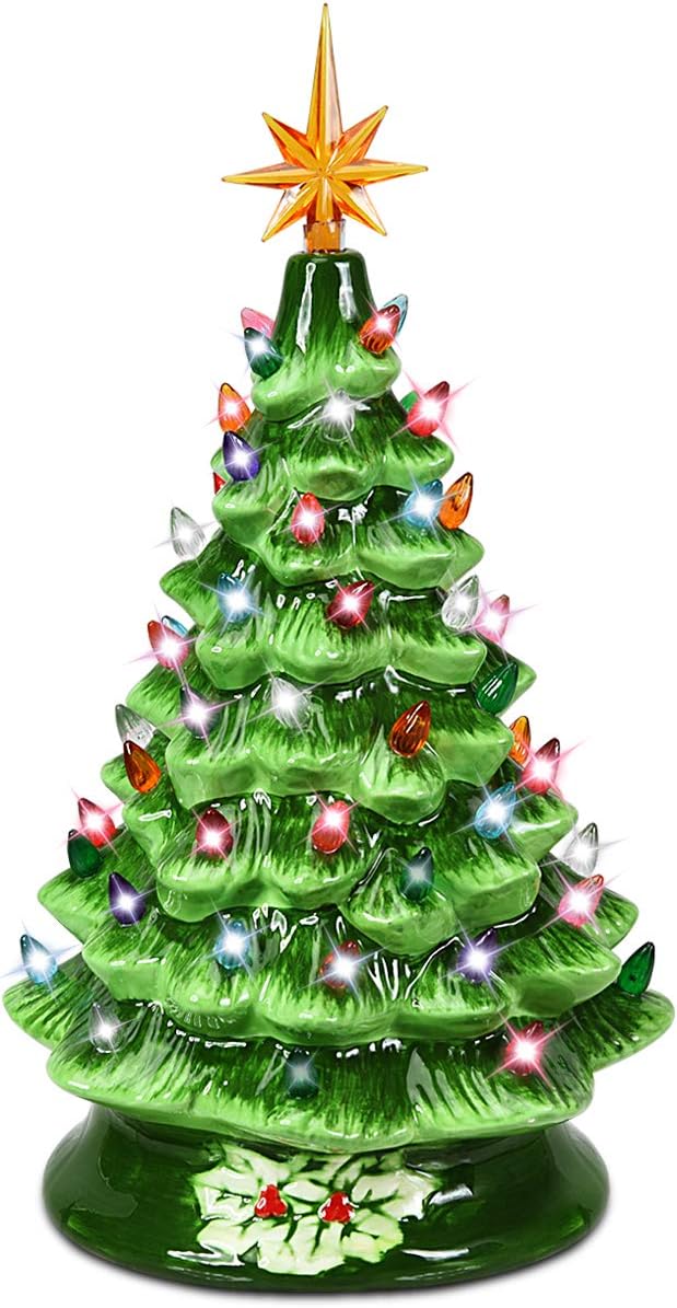 Goplus Pre-Lit Hand-Painted Ceramic Christmas Tree, 15in Tabletop Xmas Decor, with 66 Multicolored Lights and Top Star, Forever Lighted Holiday Centerpiece (15in, Green)