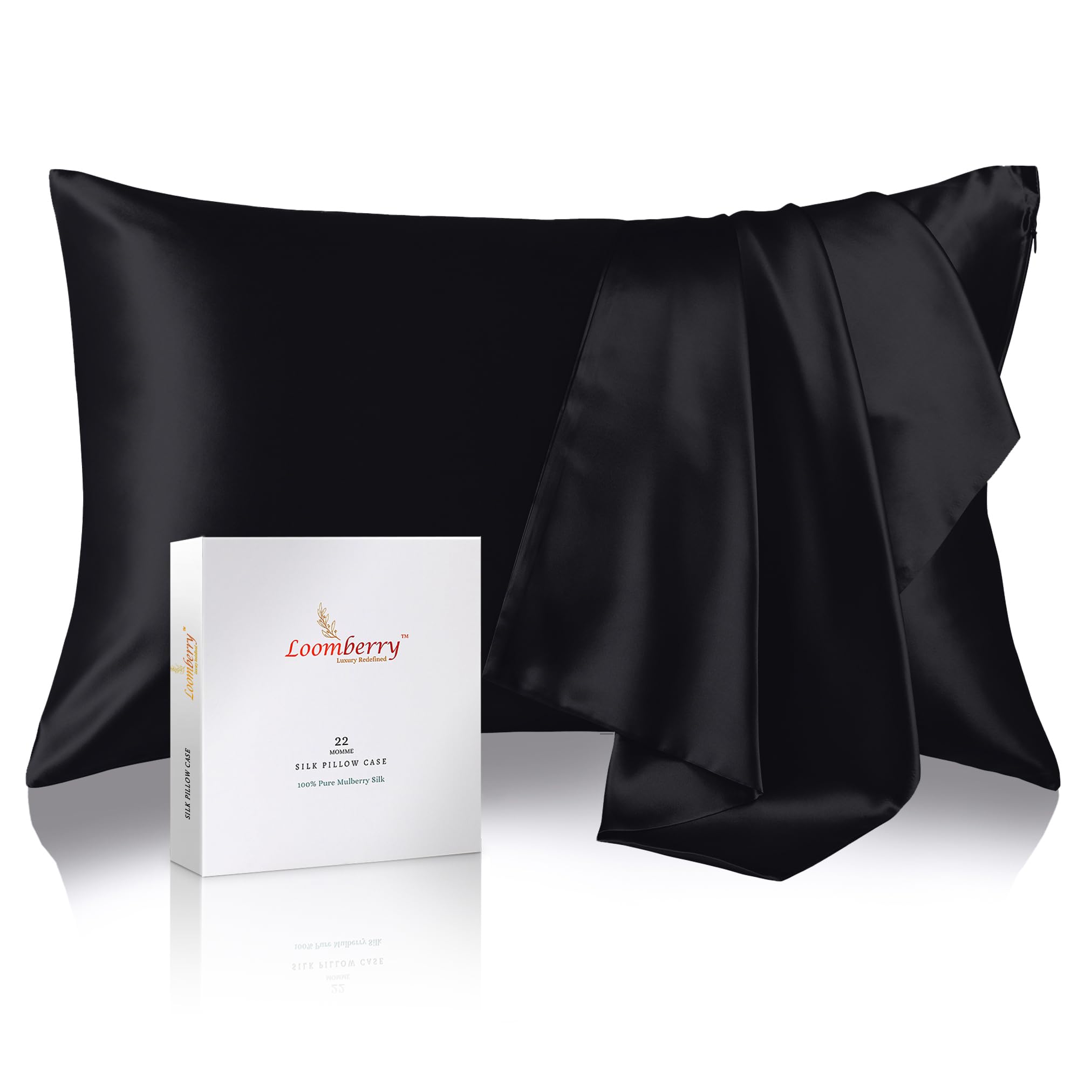 LOOMBERRY 100% Natural 22 Momme Pure Mulberry Silk Pillowcase for Hair and Skin Both Sides 22 Momme Highest Grade 6A with Hidden Zipper (Black, Queen (50x76CM))