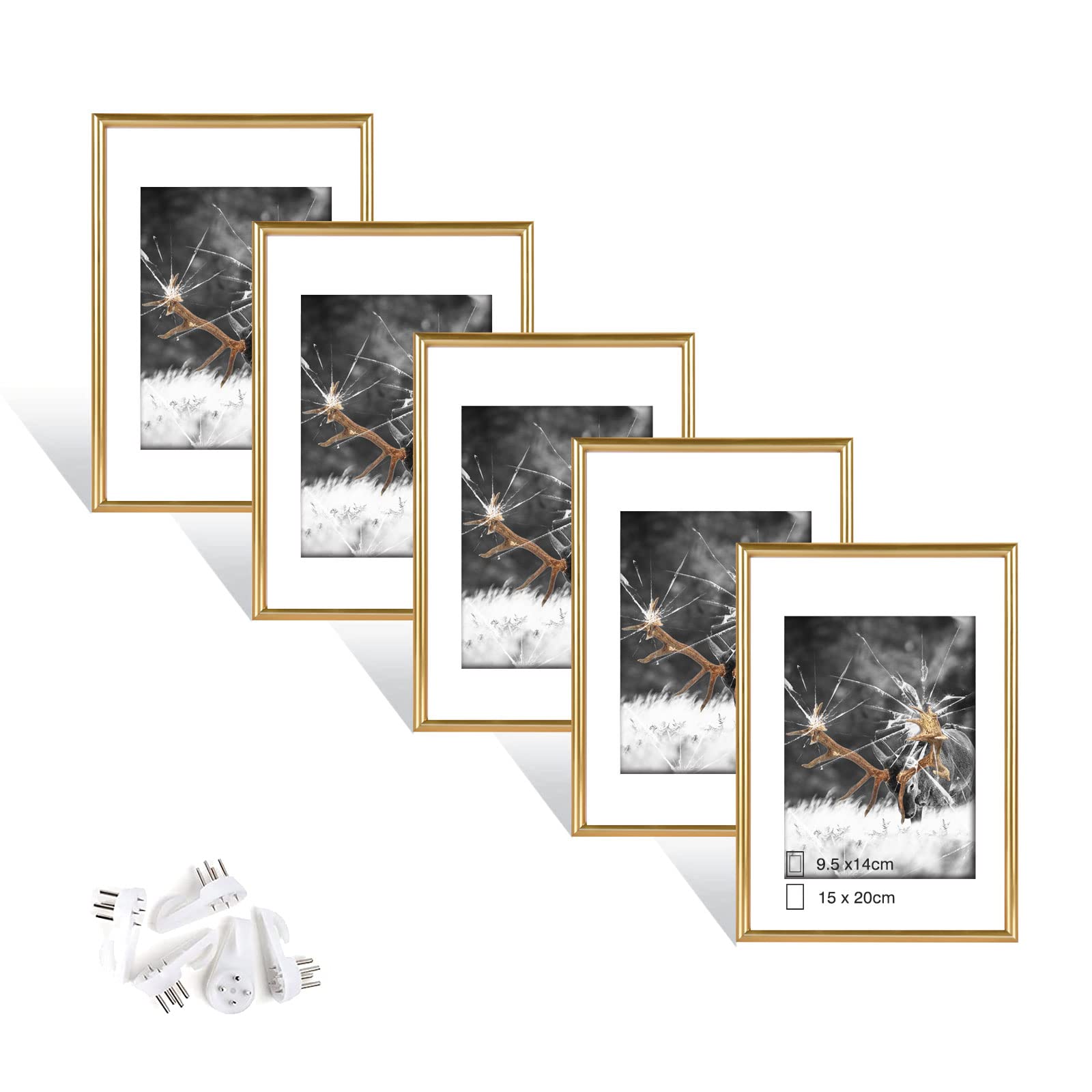 Dmyifan Set of 5 Gold Photo Frames, Picture Frames DIN 8 Inches (15.2 x 20.3 cm), Plexi Glass Portrait Frame with Seamless Hook, Living Room for Standing and Hanging, Decorative Frame for Photos — image 1