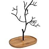 Navaris Metal Jewelry Tree Stand - Organizer Hanger Display Holder with Bamboo Dish Base to Store Necklaces, Bracelets, Rings, Accessories