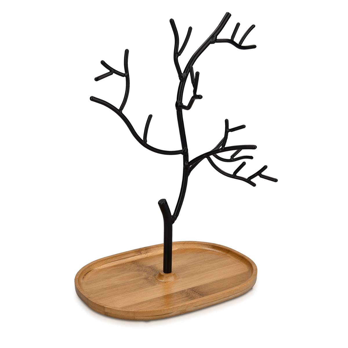 Navaris Metal Jewellery Tree Stand - Organiser Hanger Display Holder with Wooden Dish Base to Store Necklaces, Bracelets, Rings, Accessories