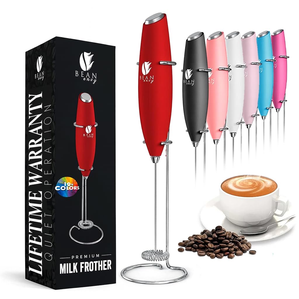 Bean Envy Milk Frother, Coffee Stirrers, Frother Wand, Milk Frother Handheld, Frother with stand, Hand Blender for Coffee, Lattes, Cappuccino, Matcha and Hot Chocolate – Kitchen Gifts - Red
