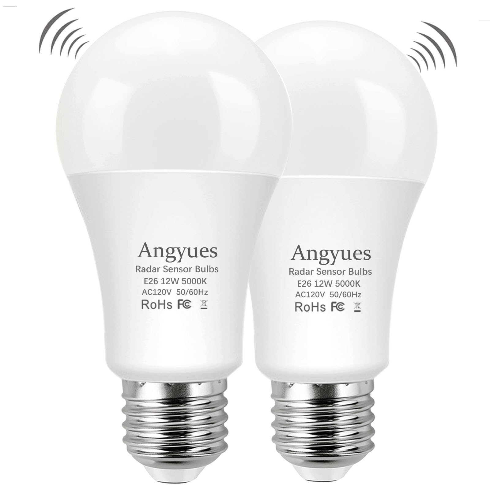 Photo 1 of Angyues Radar Motion Sensor Light Bulb, Adjustable Detection Range 12W (100 Watt Equivalent) A19 Motion Sensing Outdoor Bulb Auto-Activated Dusk to Dawn LED Bulb, Daylight 5000K E26 1100LM, 2Pack