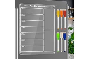 JonXon 8"X12" Acrylic Magnetic Menu Board for Kitchen,Acrylic Weekly Calendar for Fridge,Clear Meal Planner for Refrigerator,Magnet Fridge Menu Planner with 6 Magnetic Erasable Markers