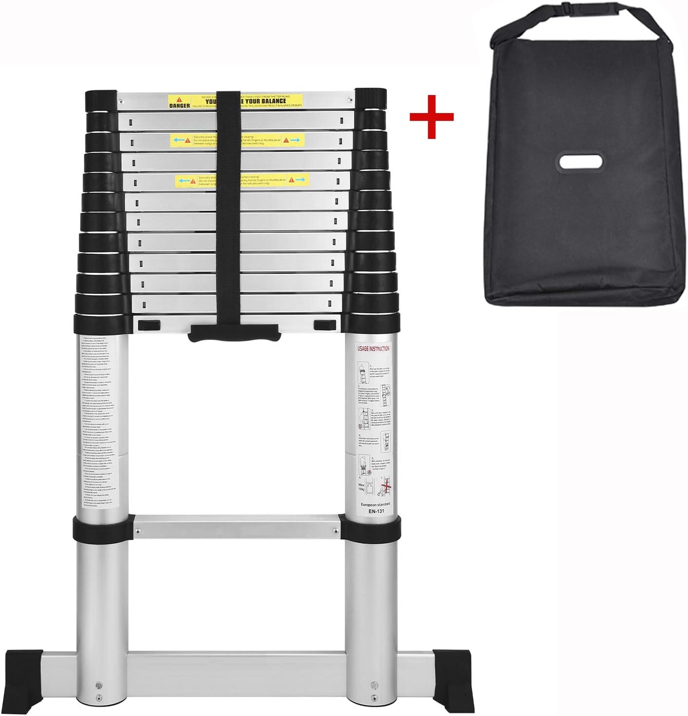 AODI Aluminum Telescoping Ladder with Stabilizer Bar, Telescopic Extension Multi Purpose Ladders Portable EN131 Certified for Industrial Household Daily (12.5 FT and 330 LB)