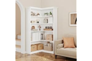 Corner Bookshelf 72" l-Shaped Bookcase, 5-Tier Farmhouse Wood Bookshelves with Storage, Space-Saving Tall Shelf, Anti-Tip Des