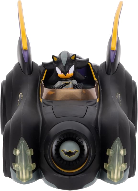 DC x Sonic – Shadow como Batman con Batimóvil con Funciones 6 cm, Set de Figura de acción, Licencia Oficial Jakks Pacific, Vehículo Interactivo con proyectil lanzable y turbina giratoria