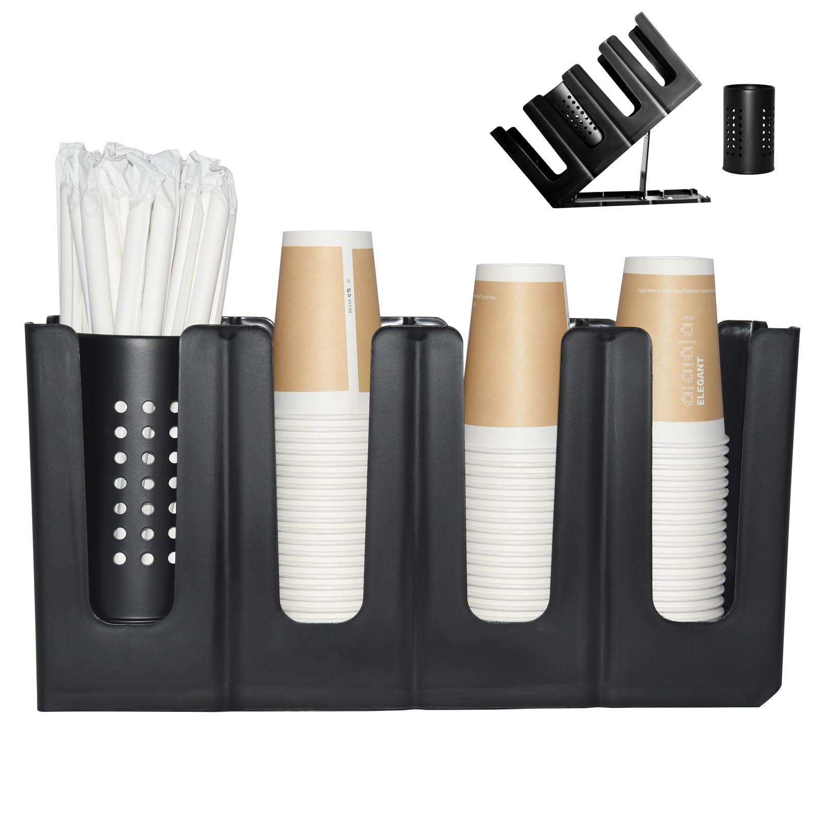 Photo 1 of Cup Holder Lid Dispenser with Straw Organizer,4 Compartment 7 Adjusting,Cup Storage Organizer for Breakroom Countertop Coffee Station Bar Restaurant
