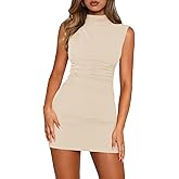 Pungdra Women's Sexy Mock Neck Dress for Women Sleeveless Ruched Bodycon Dresses Turtle Neck Cocktail Party Mini Dress