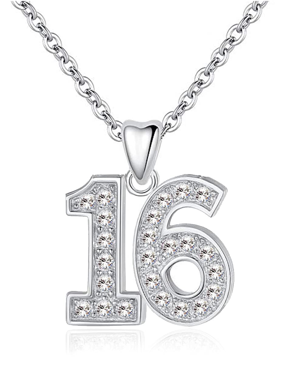 LSDesigns 16th Necklace Pendant & Chain 925 Sterling Silver Decorated with Sparkling Clear Crystals Sweet 16 Birthday Women Her Girls - Gift box