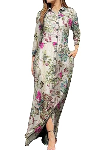 YMING Women's Floral Printed Maxi Shirt Dresses Button Down Loose