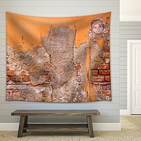 Painting on Old Weathered Brick Wall - Fabric Wall Tapestry Home Decor - 51x60 inches
