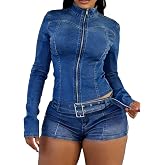 Women 2 Piece Denim Outfits Zip Up Cropped Jacket Bodycon Jean Shorts Set | Long Sleeve Jacket, High Waisted Sexy Skinny Shorts with Belt, Fashion Cute Matching Sets for Casual, Daily