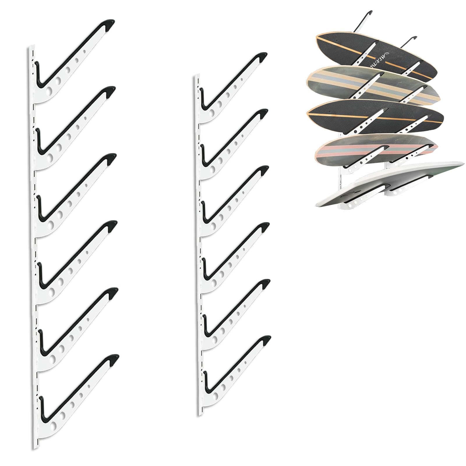 Photo 1 of Snowboard Wall Mount, Adjustable 5/6 Board Surfboard Rack, Surfboard Wall Hangers for Surfboard, Wakeboard, and Snowboard Storage at Home or Garage (White, 6 Level)