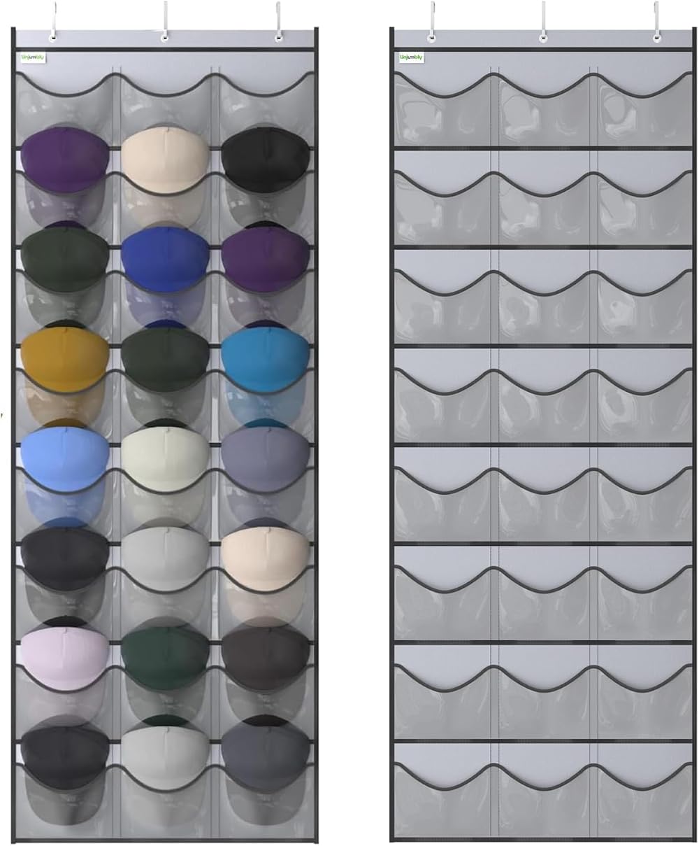 Unjumbly Baseball Hat Rack 24 Pocket Over Door Organizer Grey Clear Pockets