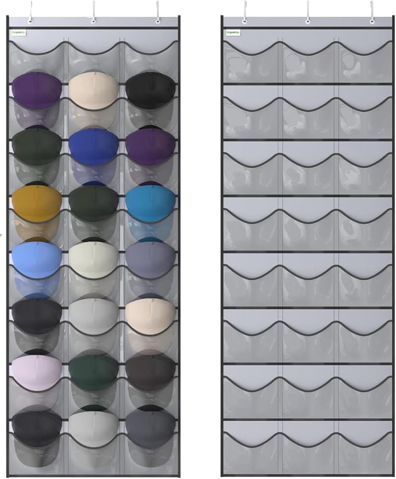 Unjumbly Baseball Hat Rack 24 Pocket Over Door Organizer Grey Clear Pockets