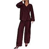 Milumia Women's 2 Piece Outfit Tie Knot Wrap V Neck Long Sleeve Shirt and Pants Sets
