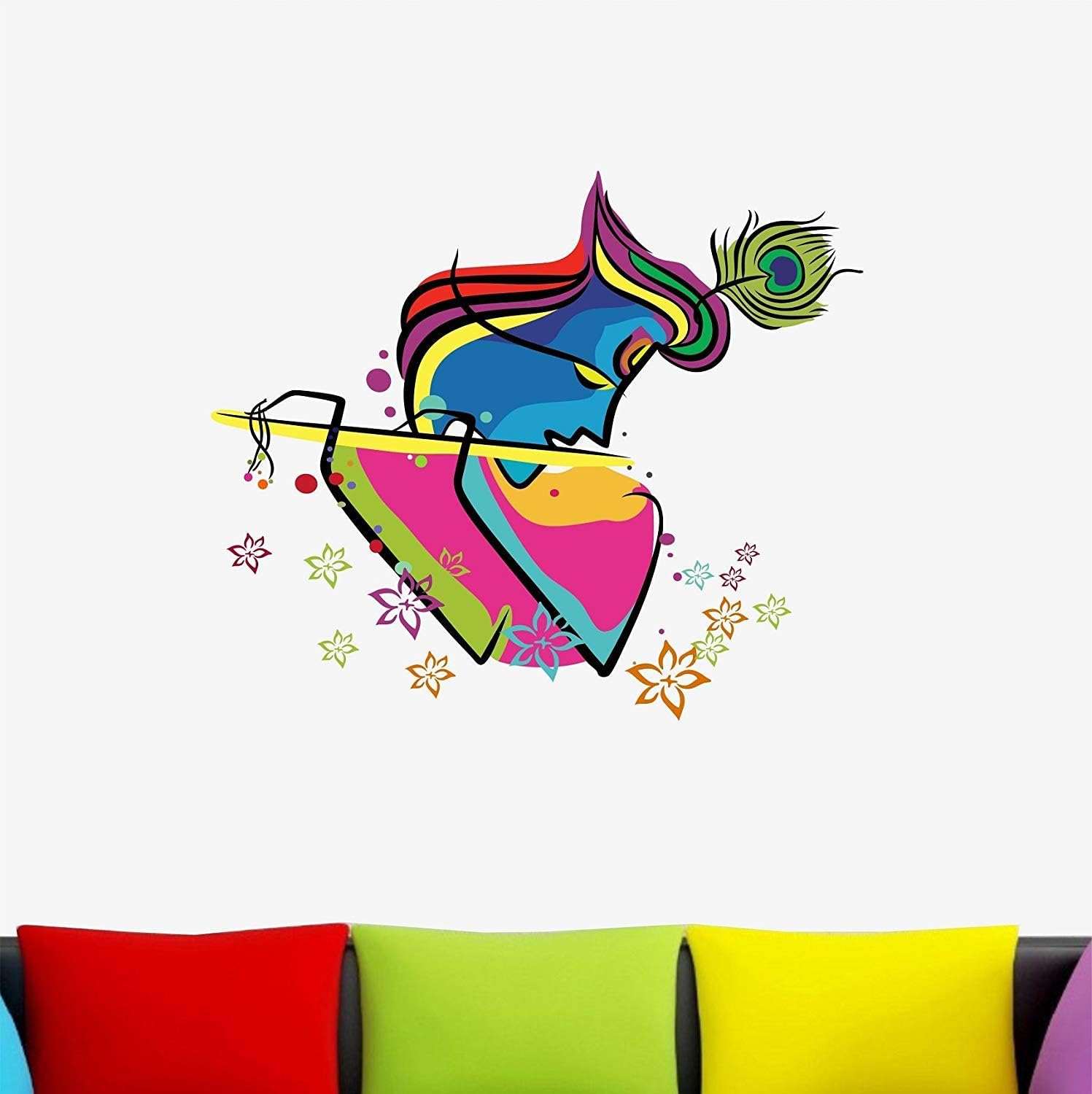 HandmadeJewel Vinyl Removable/Easy to Peel/Easy to Stick/Safe on Painted Walls Multicolor God Krishna with Flute Wall Stickers/Wall Decals Room Home Décor