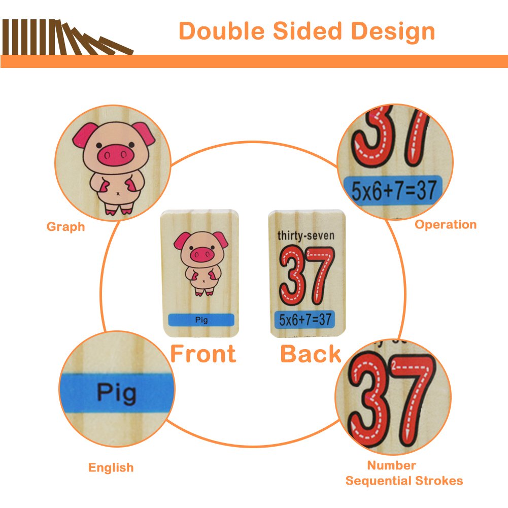 Akokie Wooden Toys Dominoes 100 Pcs Wooden Building Blocks Stacking Toys with Numbers Bag Storage for Kids 3 4 5 6 Years Old