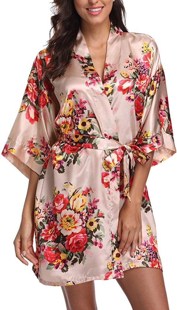 Women's Floral Satin Short Robe Bathrobe Bridesmaid Gift Bridal Party Wedding Favor
