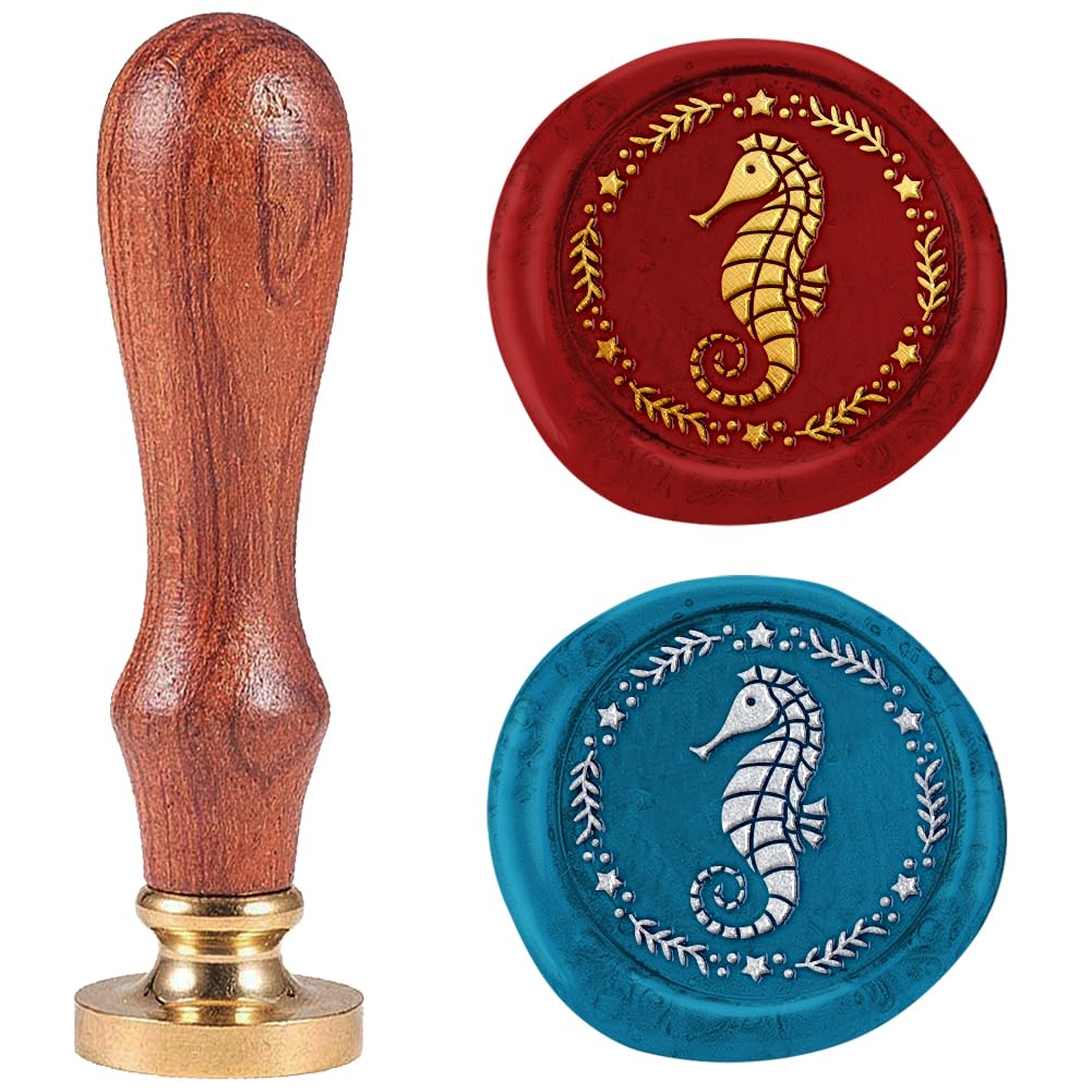 DELORIGIN Sea Horse 1" Wax Seal Stamp Retro Sealing Stamps Removable Brass Head Seal Stamp with Wooden Handle Sealing Wax for Envelope Greeting Card Letter Wedding Invitations Gift Wrapping Decor