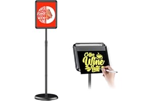 Newzueby Adjustable Pedestal Floor Stand Sign Holder for 8.5*11 inches Poster or chalk board, Snap open frame,360° Rotation,Outdoor Indoor Standing Display Sign Holders for advertising ,Black