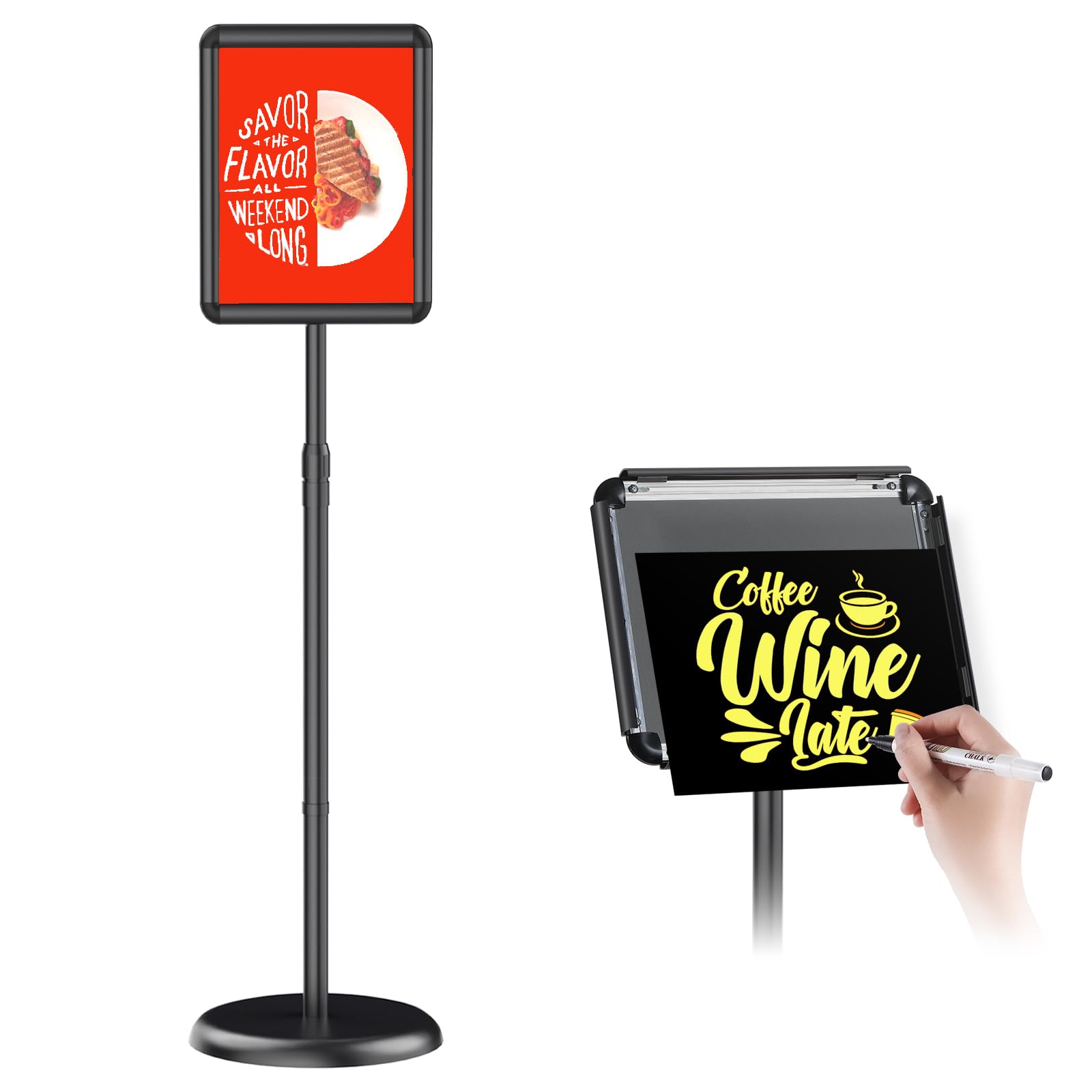Photo 1 of Newzueby Adjustable Pedestal Floor Stand Sign Holder for 8.5*11 inches Poster or chalk board, Snap open frame,360° Rotation,Outdoor Indoor Standing Display Sign Holders for advertising ,Black