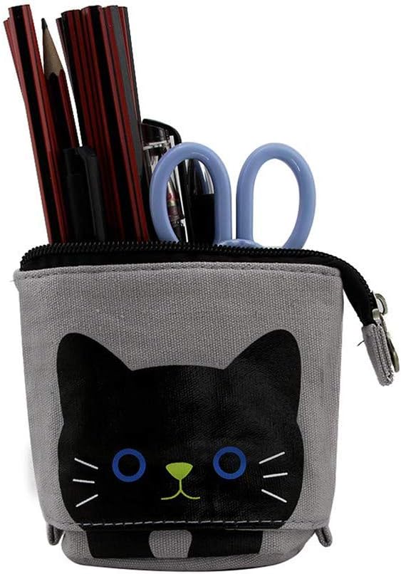 Transformer Stand Store Pencil Holder Canvas PU Cartoon Cute Cat Telescopic Pencil Organizer Makeup Bag Cosmetics Pouch Stationery Pen Case Box with Zipper for Students Boys and Girls (Grey) - Image 5