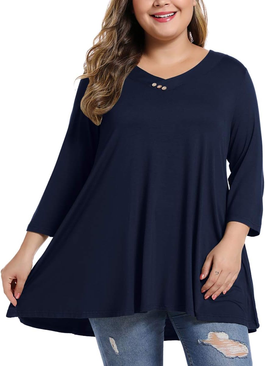 MONNURO Women's Plus Size 3/4 Sleeve V-Neck Tunic Top - Plaid Wine Red Flowy Blouse For Leggings & Casual Wear - View #7