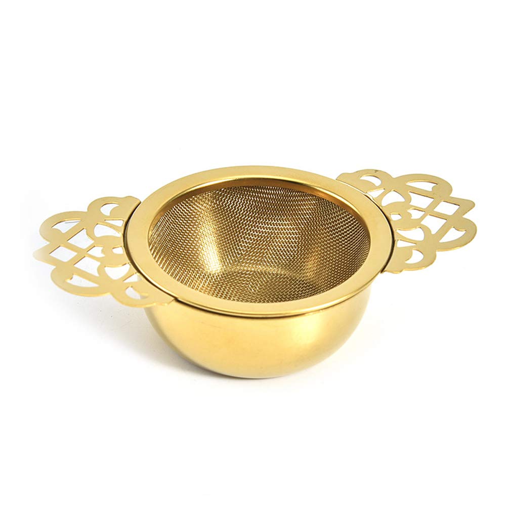 Tea Strainers with Drip Bowl, Small Fine Mesh Tea Infuser Stainless Steel Loose Leaf Tea Filter with Double Handles for Teapots Mugs Cups (Gloden)
