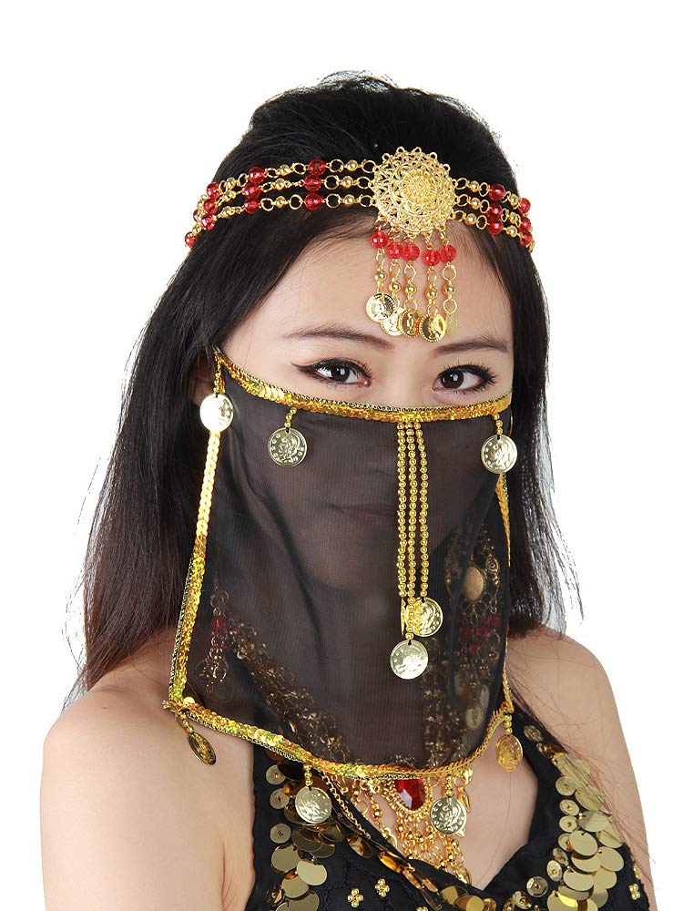 Grouptap Silk belly dance sexy face veil mask costume womens girls Arabian Turkish outfits with gold jewelry tie (Black)