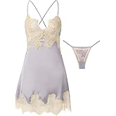 Lilosy Sexy Silk Lace Up Backless Satin Applique Floral Lace Babydoll Lingerie Dress with Tong 2 Piece