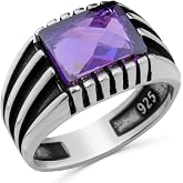 Solid 925 Sterling Silver Luxury Ring for men with Faceted Clear Purple Simulated Amethyst Stone
