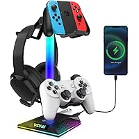 V RGB Gaming Headphones Stand with 2 USB Ports， Headset Stand with 10 Light Modes and Non-Slip Rubber, Suitable for All Earph