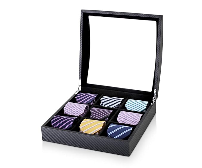 9 Tie Organizer Box for 9 Men Ties Set with Lid and Faux