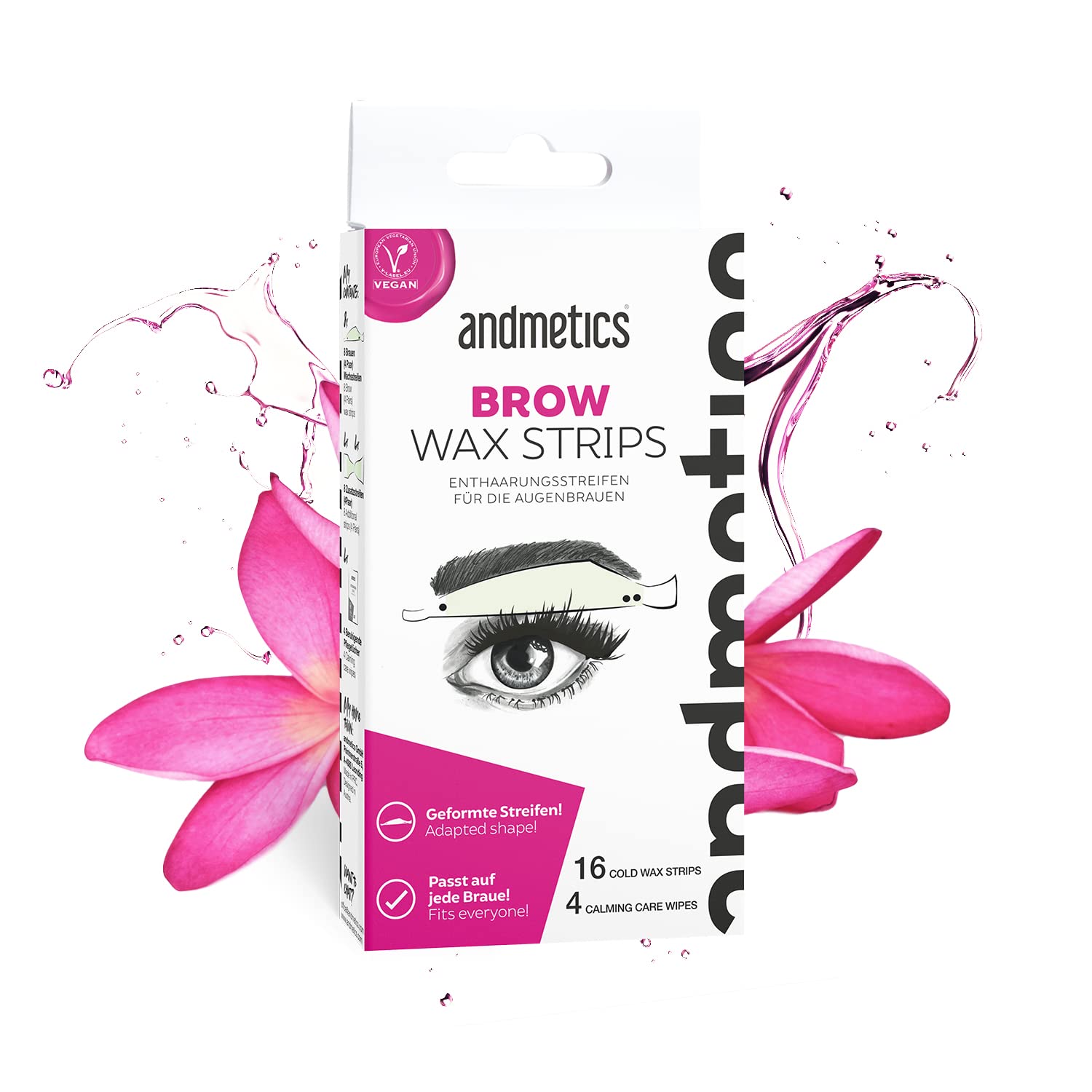 Andmetics Brow Wax Strips Women – Patented Eyebrow 16 Cold Wax and 4 Calming Care wipes