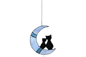 KARHUIMOYI Cat Decoration On Moon Stained Glass Suncatcher Ornament for Window Hangings, Handcrafted Art Glass Cat Memorial Gifts for Cat Lovers (Blue&Black)