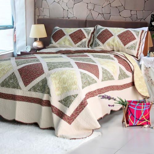 [Cerelia] Cotton 3PC Floral Vermicelli-Quilted Printed Quilt Set (Full/Queen Size)