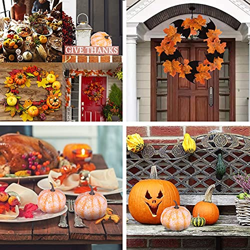 FUTUREPLUSX Artificial Mini Fake Pumpkins, 12PCS Mini Fake Pumpkins with 30PCS Lifelike Maple Leaves Artificial Vegetables for Fall Halloween Thanksgiving Kitchen Decorations