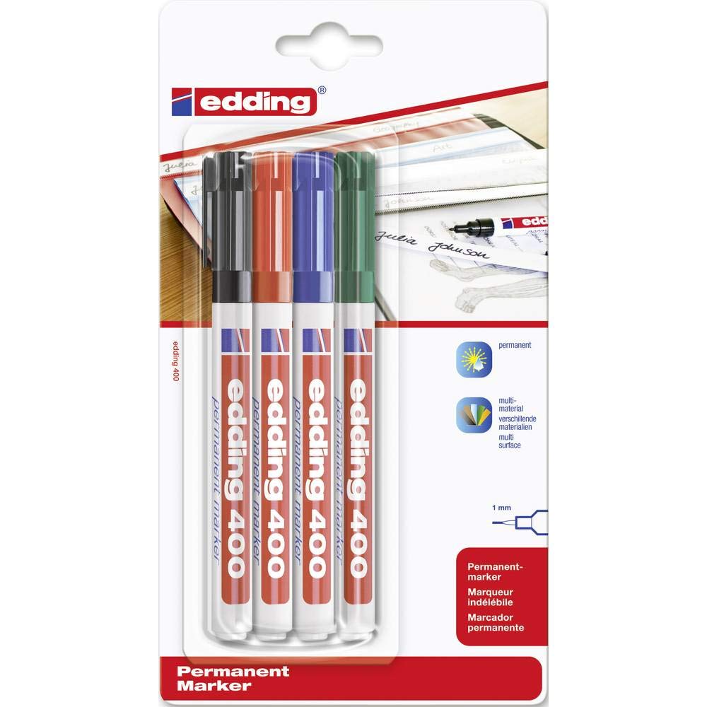edding 400 permanent marker - black, red, blue, green - 4 pens - fine round nib 1 mm - waterproof, quick-drying, smear-proof pens - for cardboard, plastic, wood, metal, glass and fabric
