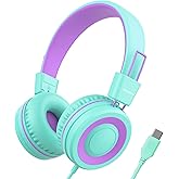 Bywulanda Upgrade USB Type C Kids Headphone for School, 94dB Safe Volume Limited, HD Stereo Sound, Foldable Lightweight On-Ear Headphones for Boys/Girls/Students/Tablet/Travel(Mint Green)
