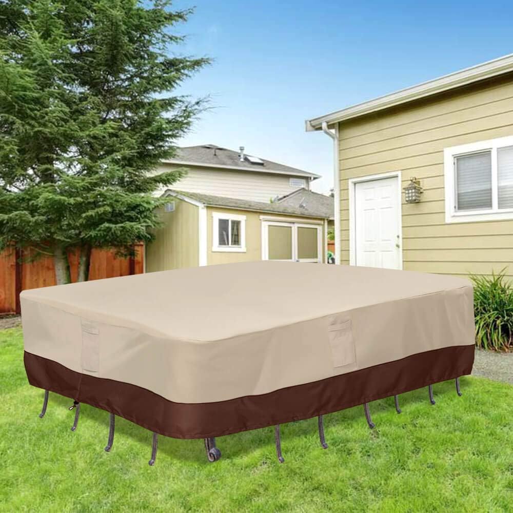 Vailge Waterproof Patio Furniture Set Cover, Lawn Patio Furniture Cover with Padded Handles, Patio/Outdoor Table Cover, Patio/Outdoor Dining Rectangular Table Chairs Cover(Medium, Beige & Brown) : Garden & Outdoor
