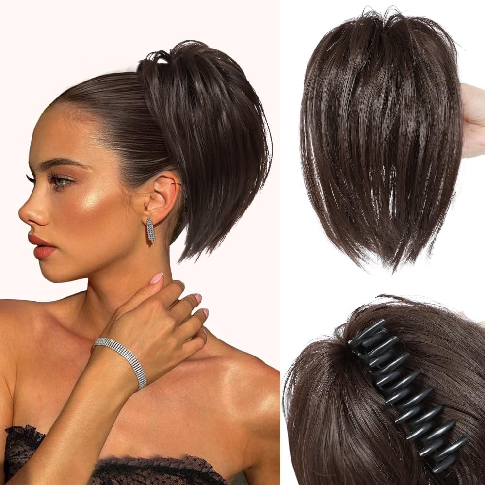Claw Clip Messy Bun Hair Piece - Short Ponytail, Brown Tousled Updo, Straight Synthetic Chignon Hair Bun Extensions For Women - Dark Brown