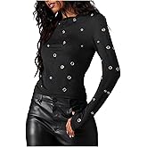 SOLY HUX Women's Y2k Punk T Shirt Grommet Eyelet Long Sleeve Crew Neck Tee Party Going Out Tops