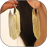 Plated Gold Long Tassel Drop Earrings,Vintage Linear Tassel Dangle Statement Earrings,Aesthetic Fringe Chain Chandelier Dangly Earrings for Women